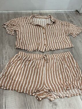 Striped Cotton-Blend Summer Set — Cream & Brown